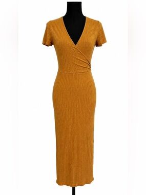 MIXED THREADS TAN BROWN SHORT SLEEVE V NECK RIBBED MAXI DRESS